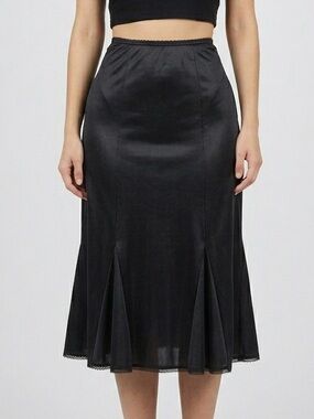 Vintage 90s APA Creations Black Flared Midi Slip Skirt Lace Trim Womens Size M